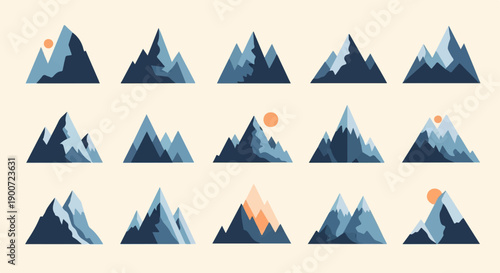 Stylized mountain ranges and suns in a minimalist, geometric flat design style