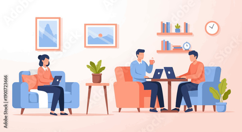 People working remotely on laptops in a cozy living room setup