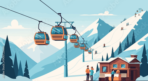 Ski resort with gondolas, people skiing, snowboarding, and a wooden cabin