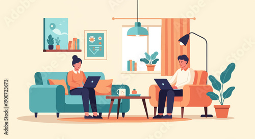 People working remotely on laptops in a cozy living room environment