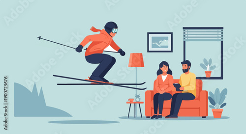 Skier in mid-air watches couple relax indoors with plants