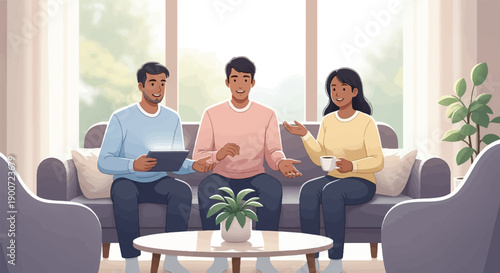 Three people are sitting on a couch in a sunlit room, talking and using a tablet