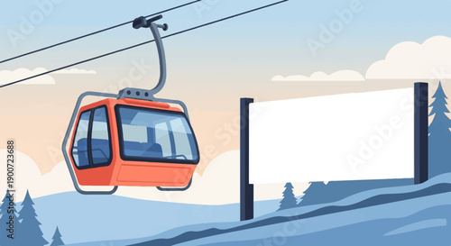 Ski lift carrying a cabin above snowy mountains and a blank sign