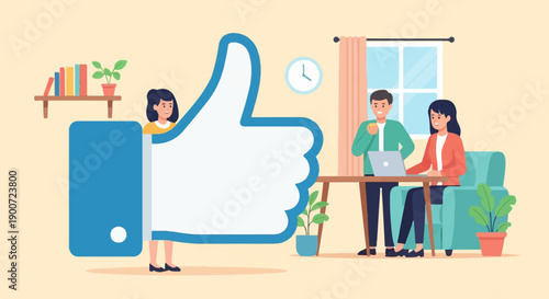 Positive affirmation in a modern workspace with a giant thumbs-up