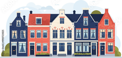 Row of colorful, distinct houses with arched windows and peaked roofs