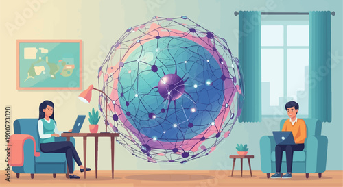 People working remotely with a digital network visualization