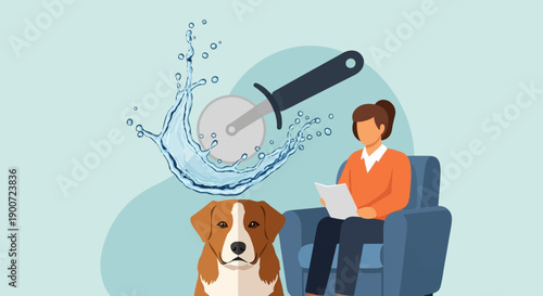 Person sitting in chair, dog nearby, and pizza cutter with splashing water