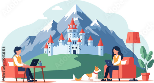 People working remotely with a dog and a castle in the background