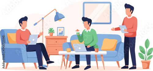 Three people collaborate in a modern living room with laptops