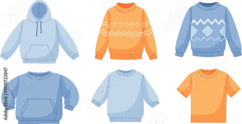 Six assorted upper garments, including sweaters, hoodies, and t-shirts