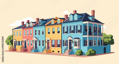 Row of brightly colored pixel art houses with porches and dormer windows