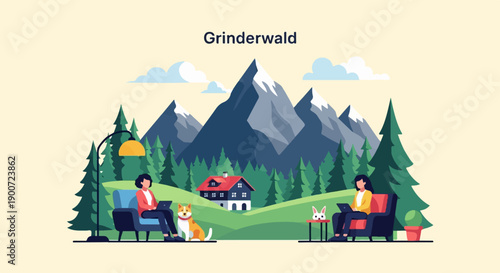 People working remotely with a dog and rabbit in a mountainous forest setting