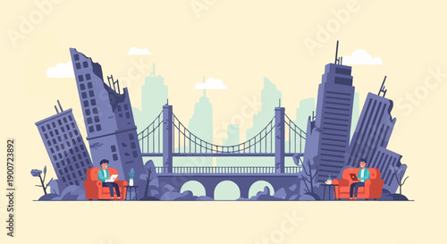 Post-apocalyptic cityscape with two figures relaxing amidst ruins