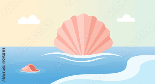 Stylized pastel seascape with large shell and small shell