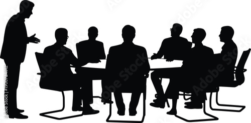 Corporate business meeting discussion silhouette, team brainstorming at conference table concept, professional office collaboration scene, flat vector illustration