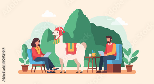 People working remotely with a llama in a mountain landscape