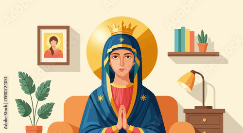Praying figure in a crown, seated within a cozy interior