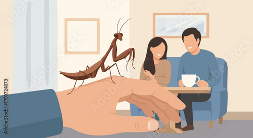 Praying mantis on a hand, a couple sits at a table with coffee