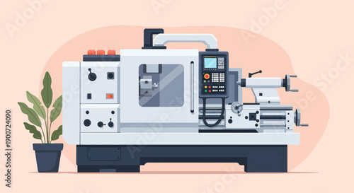 Precision machine tool with digital display and plant in pot