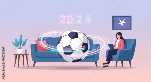 Person using tablet near floating soccer ball and year 2026 graphic