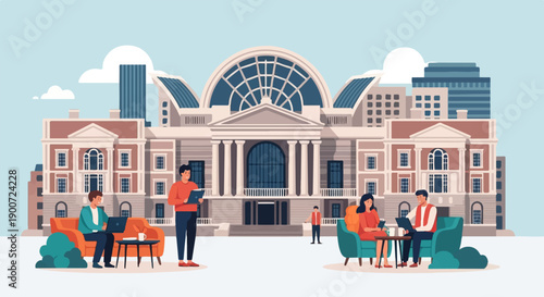Stylized pixel art depicts a grand building with people working and relaxing outside