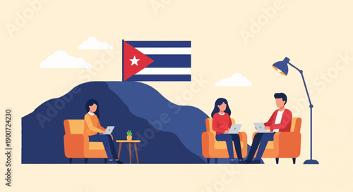 People working remotely with Cuban flag on hill under clouds