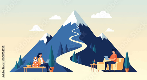 People working remotely with dog and couch, against a mountain backdrop