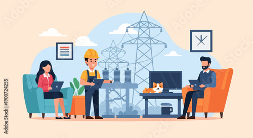 Professionals collaborate near power grid infrastructure with a pet present