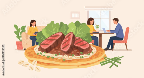 Three people enjoying a meal and working on laptops indoors