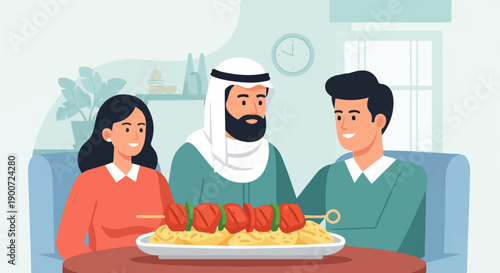 Three people enjoying a meal of kebabs and pasta indoors