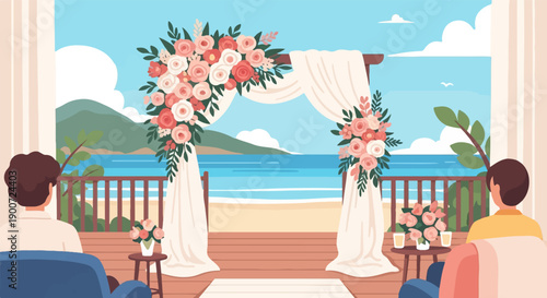 Romantic beach wedding ceremony with floral arch and ocean view