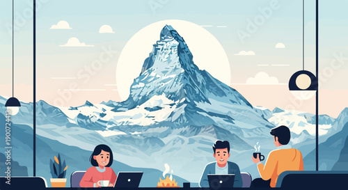 People working remotely with laptop in front of a majestic mountain