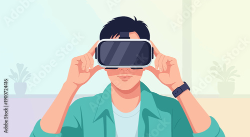 Person wearing a virtual reality headset indoors