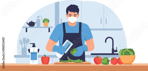 Person wearing mask and gloves prepares vegetables in a kitchen