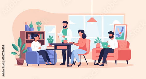 People working and relaxing in a cozy, modern living space with plants