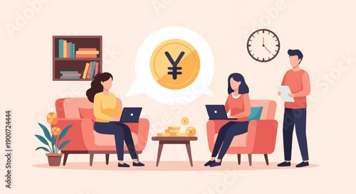 People working remotely with laptops and a money symbol on a speech bubble