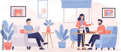 People working and relaxing in a bright, plant-filled room