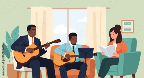 Three people enjoying music and reading indoors