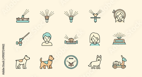 Simple flat icons featuring garden sprinklers, people, dogs, and a watering machine