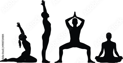 Yoga meditation silhouette set people practicing mindfulness balance flexibility wellness fitness concept, flat vector illustration isolated on white background studio