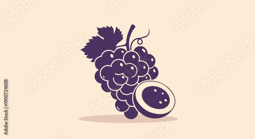 Stylized purple grapes with a sliced fruit, on a pale background
