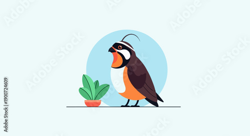 Stylized quail with orange chest and black markings stands near a potted plant
