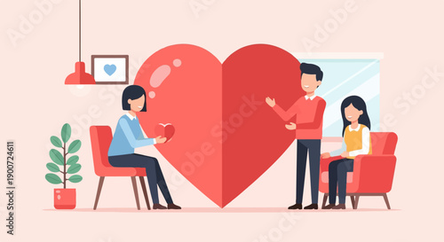 Three people gathered around a large red heart in a room