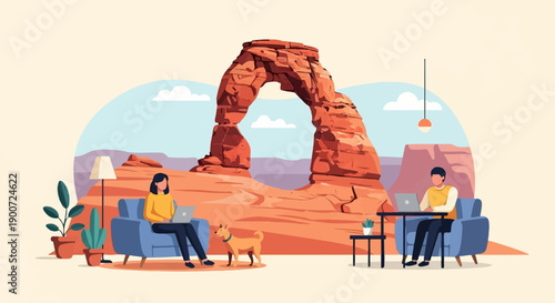 People working remotely with laptops near a natural arch