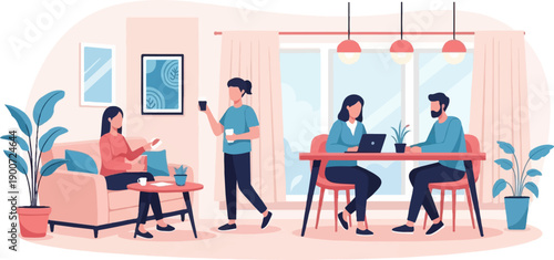 People working and relaxing in a bright, modern living room environment