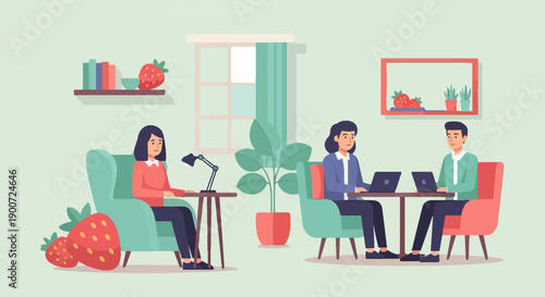 People working together in a brightly lit room with plants and strawberries