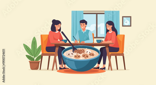 Three people gathered around a table enjoying a meal together