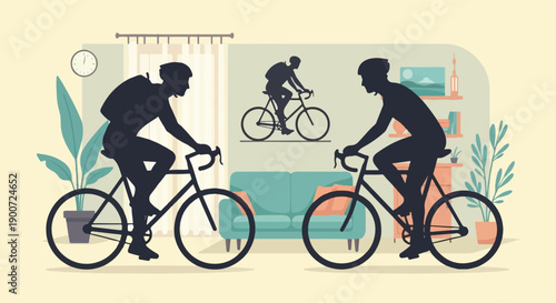 Silhouettes of cyclists indoors beside furniture and plants
