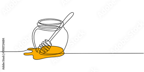 A continuous line drawing of a honey jar with a dipper, Vector continuous one single line drawing of honey dipper in silhouette on white background. Linear stylized, Honey dripping from honey dipper.