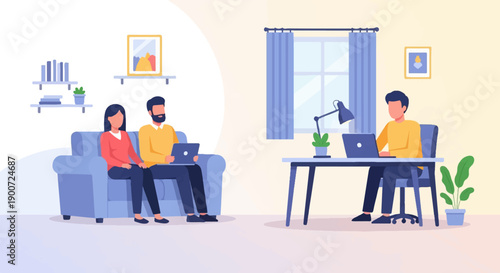 People working and relaxing at home with laptops and decor